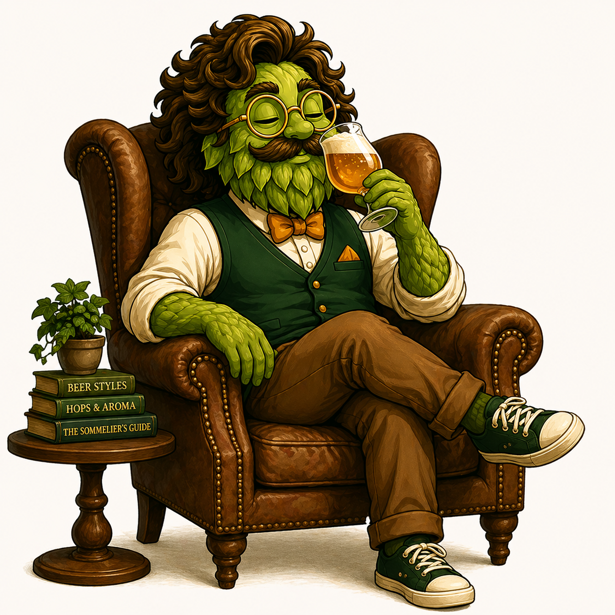 Hopster, sitting in an armchair with a tulip glass